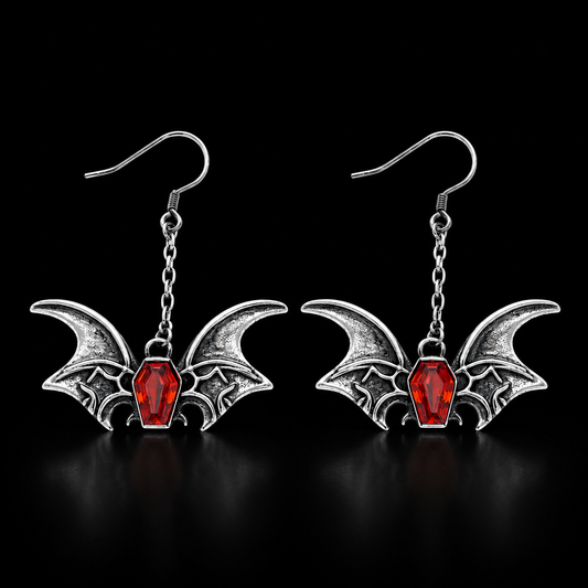 Sterling Silver Gothic Bat Coffin Gemstone Earrings