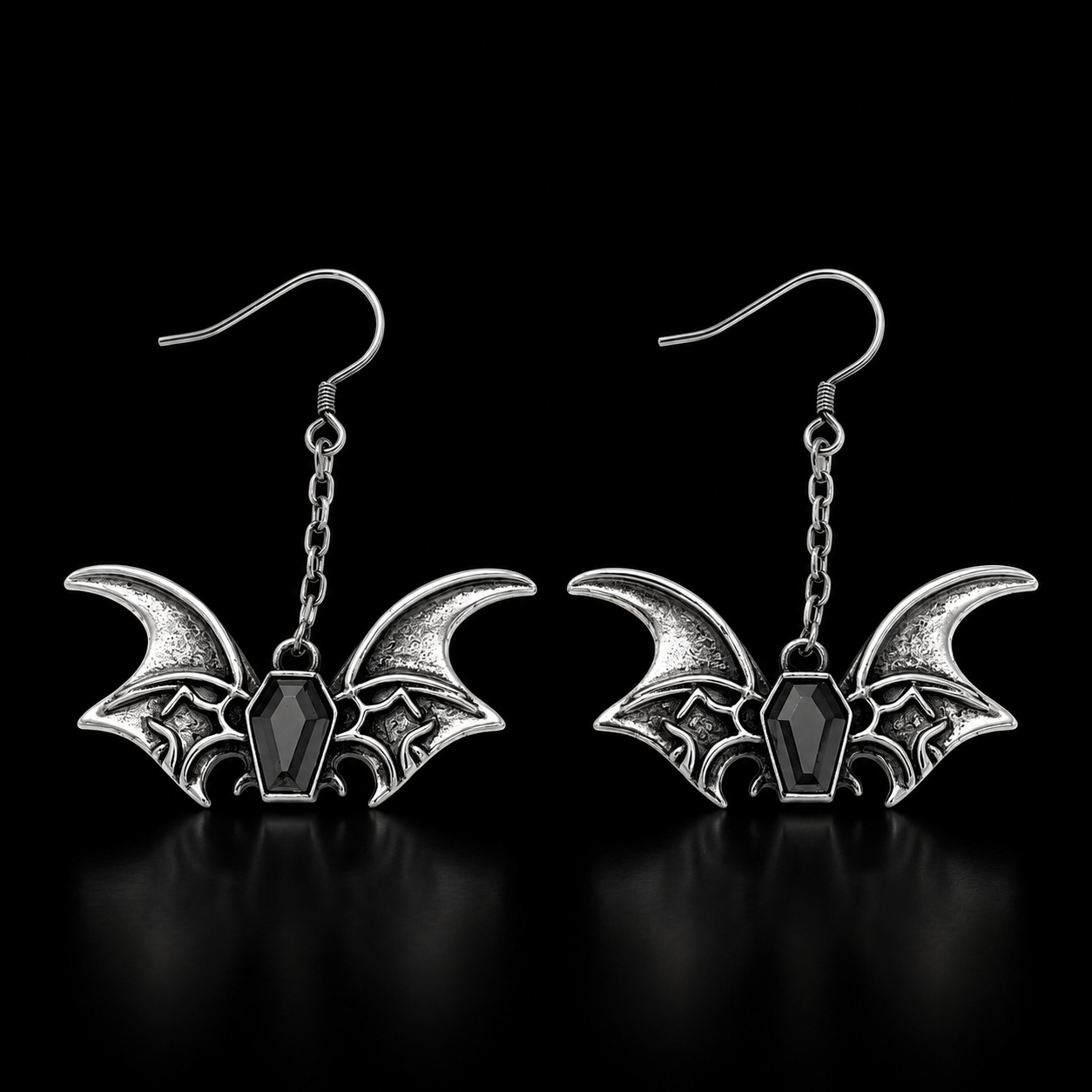 Sterling Silver Gothic Bat Coffin Gemstone Earrings