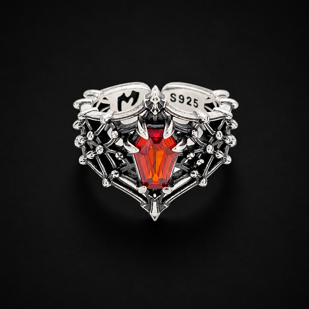 Sterling Silver Gothic Spiderweb Gemstone Ring