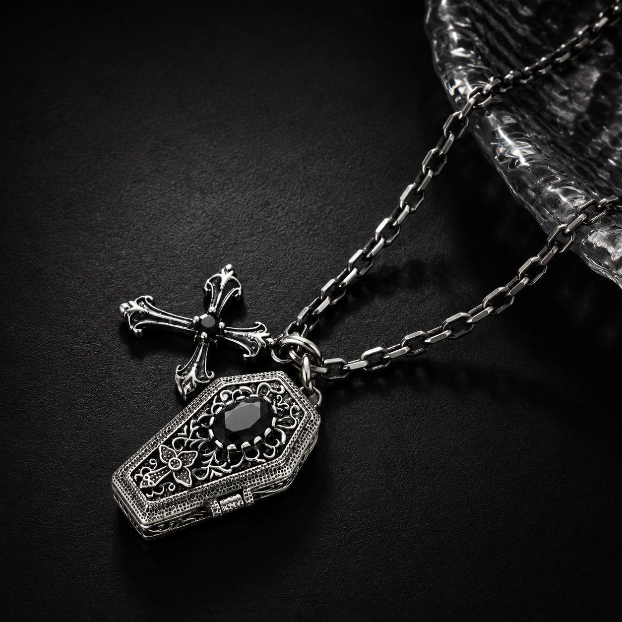 Sterling Silver Gothic Coffin Cross Necklace