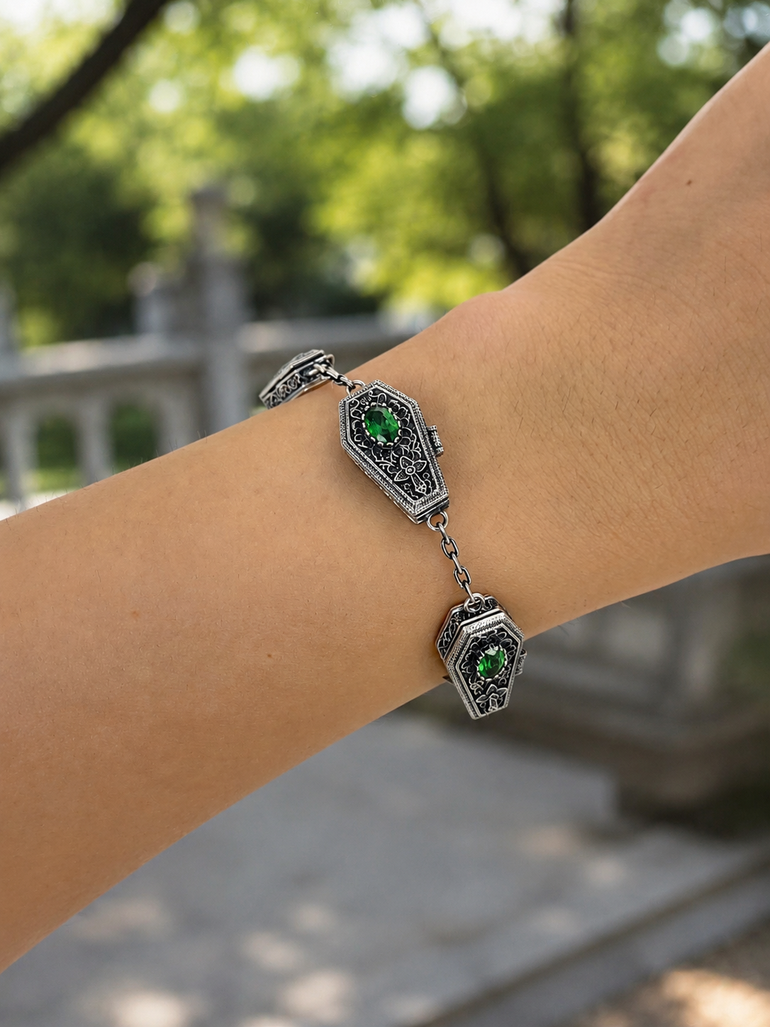 Sterling Silver Gothic GemStone Coffin Bracelet