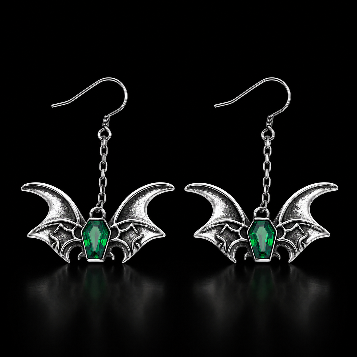 Sterling Silver Gothic Bat Coffin Gemstone Earrings