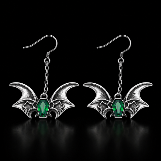 Sterling Silver Gothic Bat Coffin Gemstone Earrings