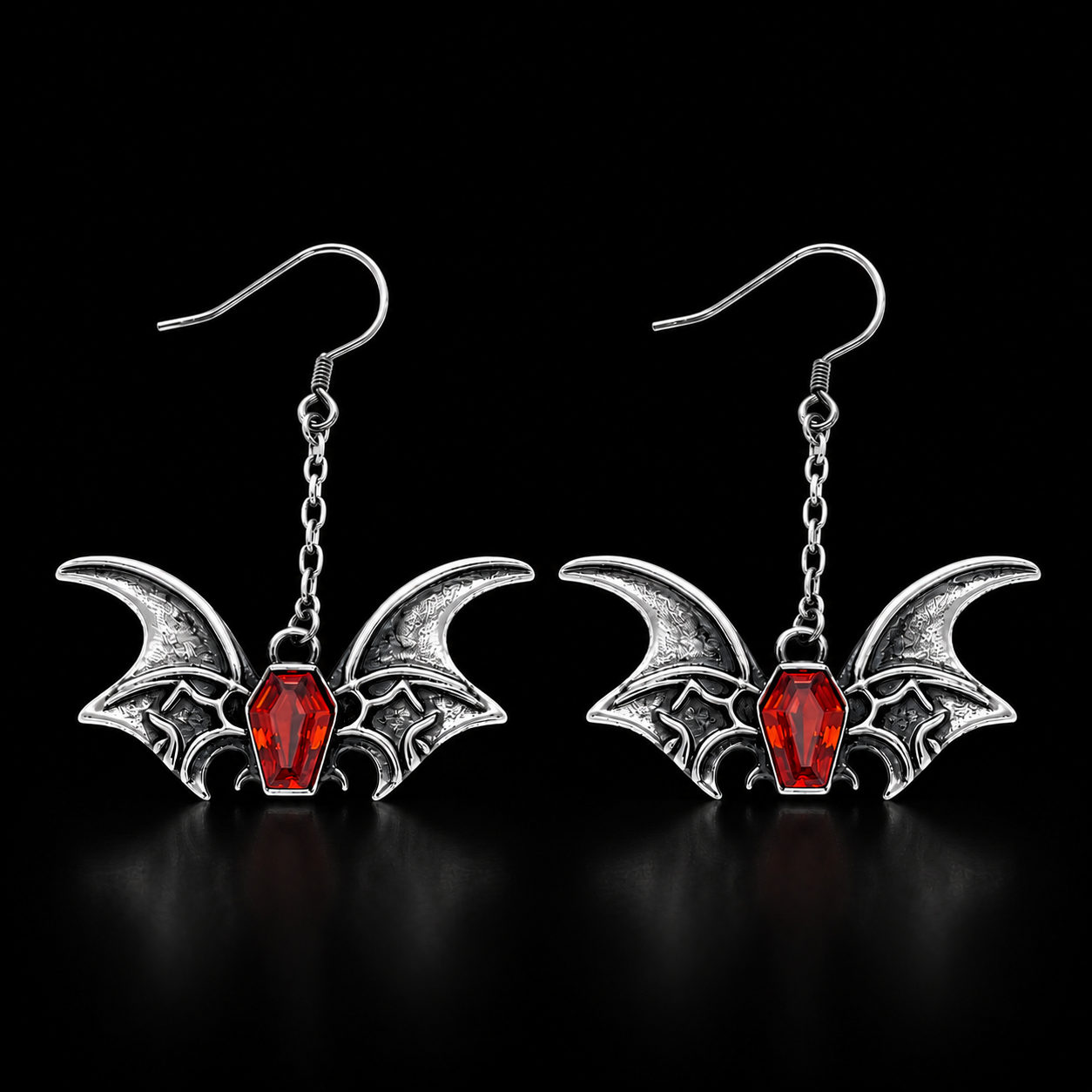 Sterling Silver Gothic Bat Coffin Gemstone Earrings