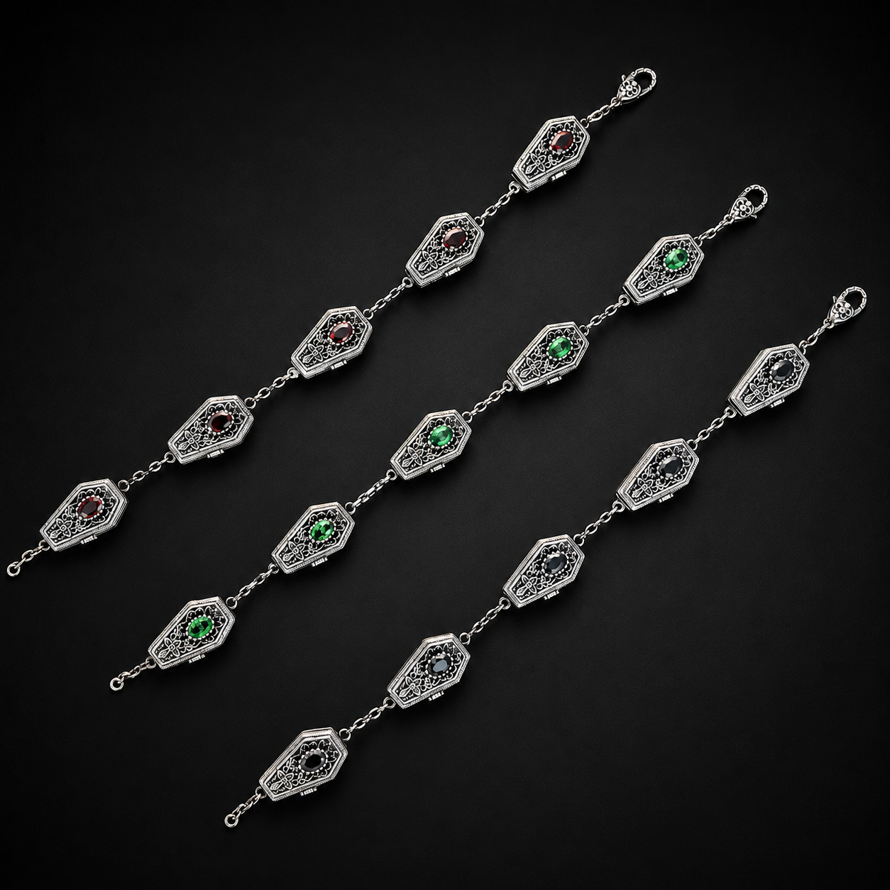 Sterling Silver Gothic GemStone Coffin Bracelet