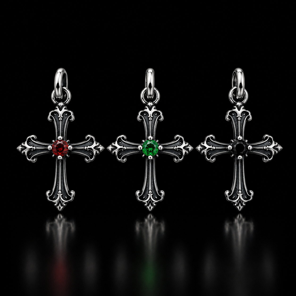 Sterling Silver Gothic Gemstone Cross Pendant