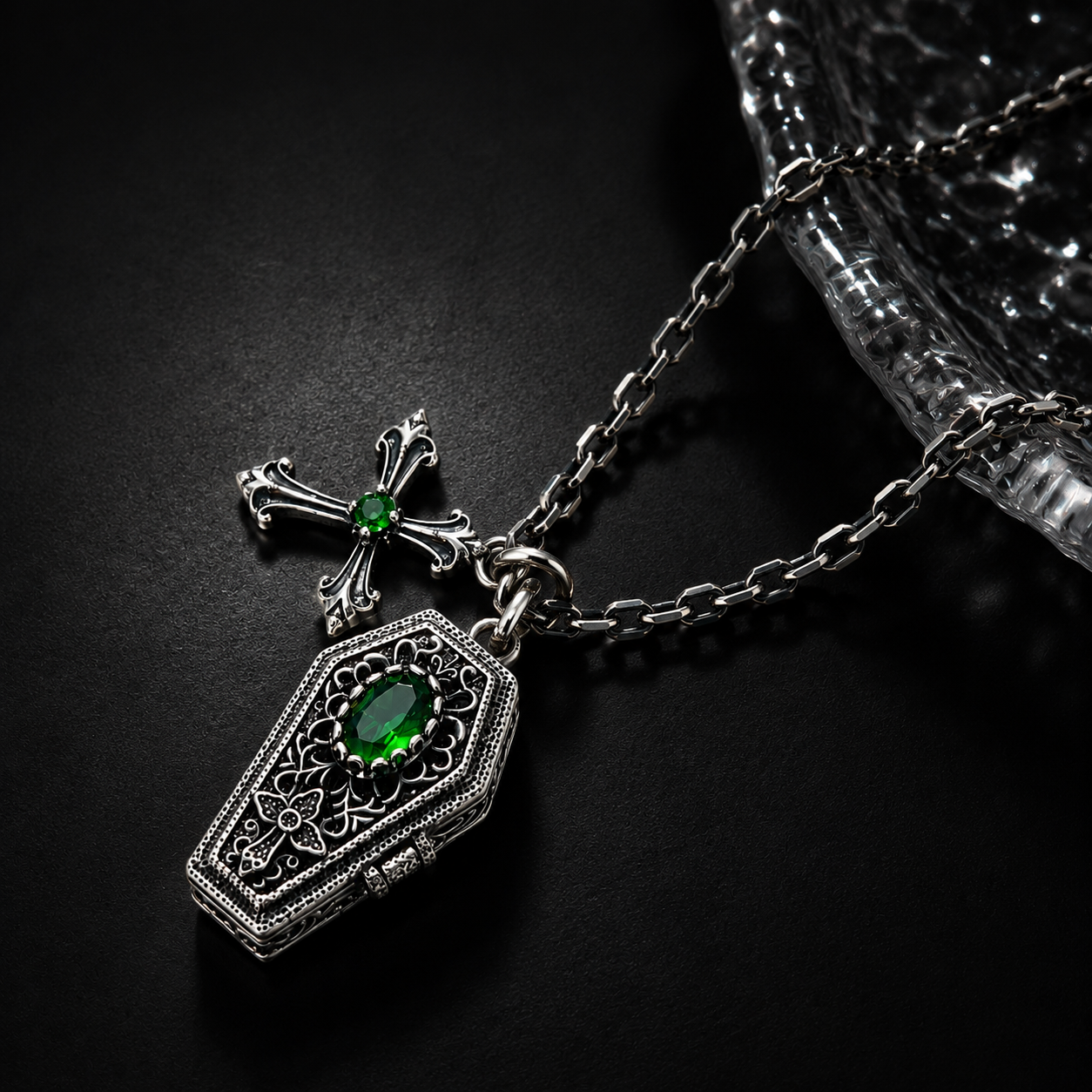 Sterling Silver Gothic Coffin Cross Necklace