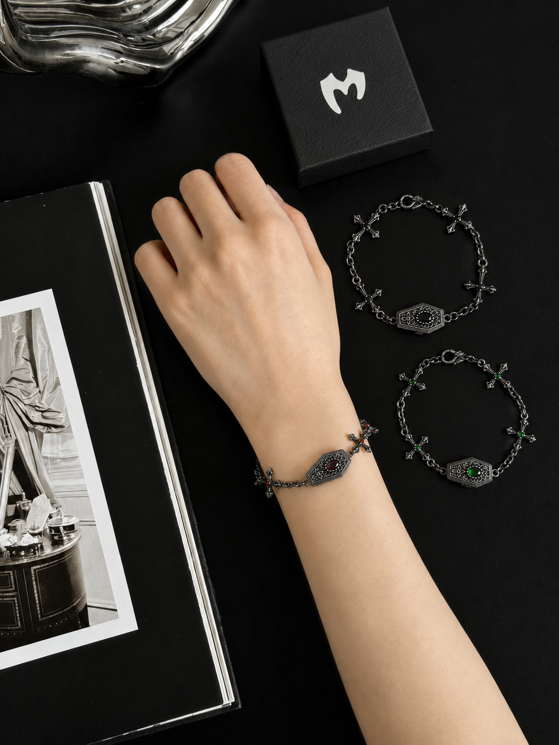 Bracciale gotico bara e croce in argento sterling