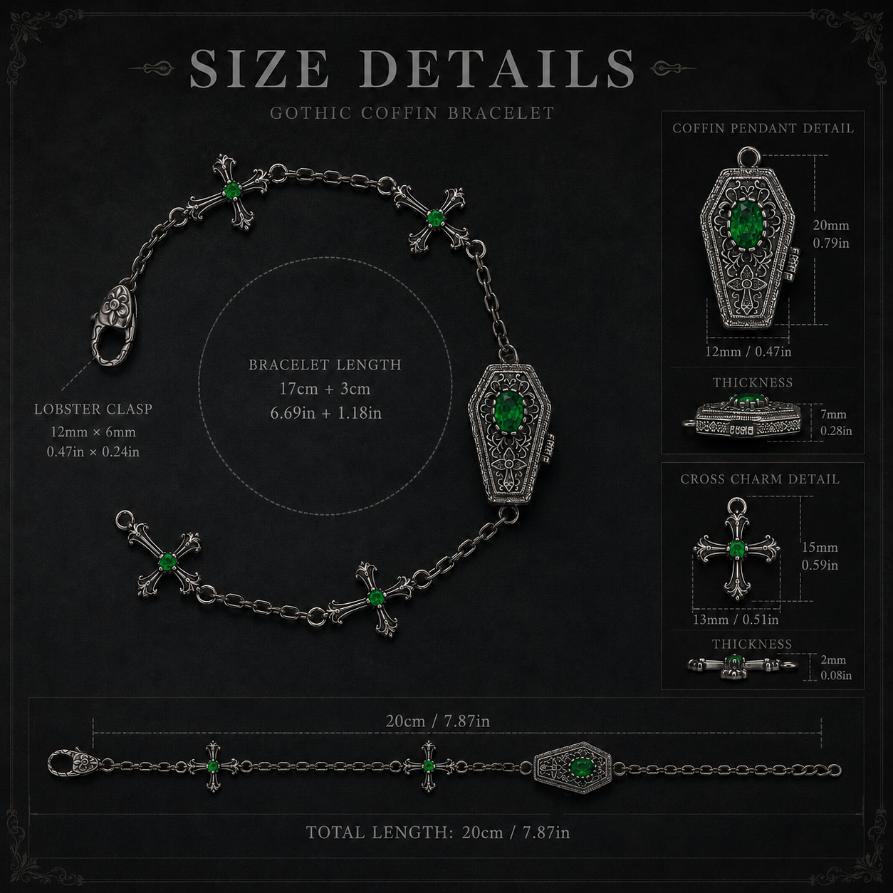 Bracciale gotico bara e croce in argento sterling
