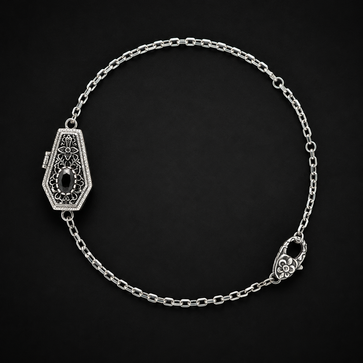 Sterling silver gothic single coffin bracelet in black