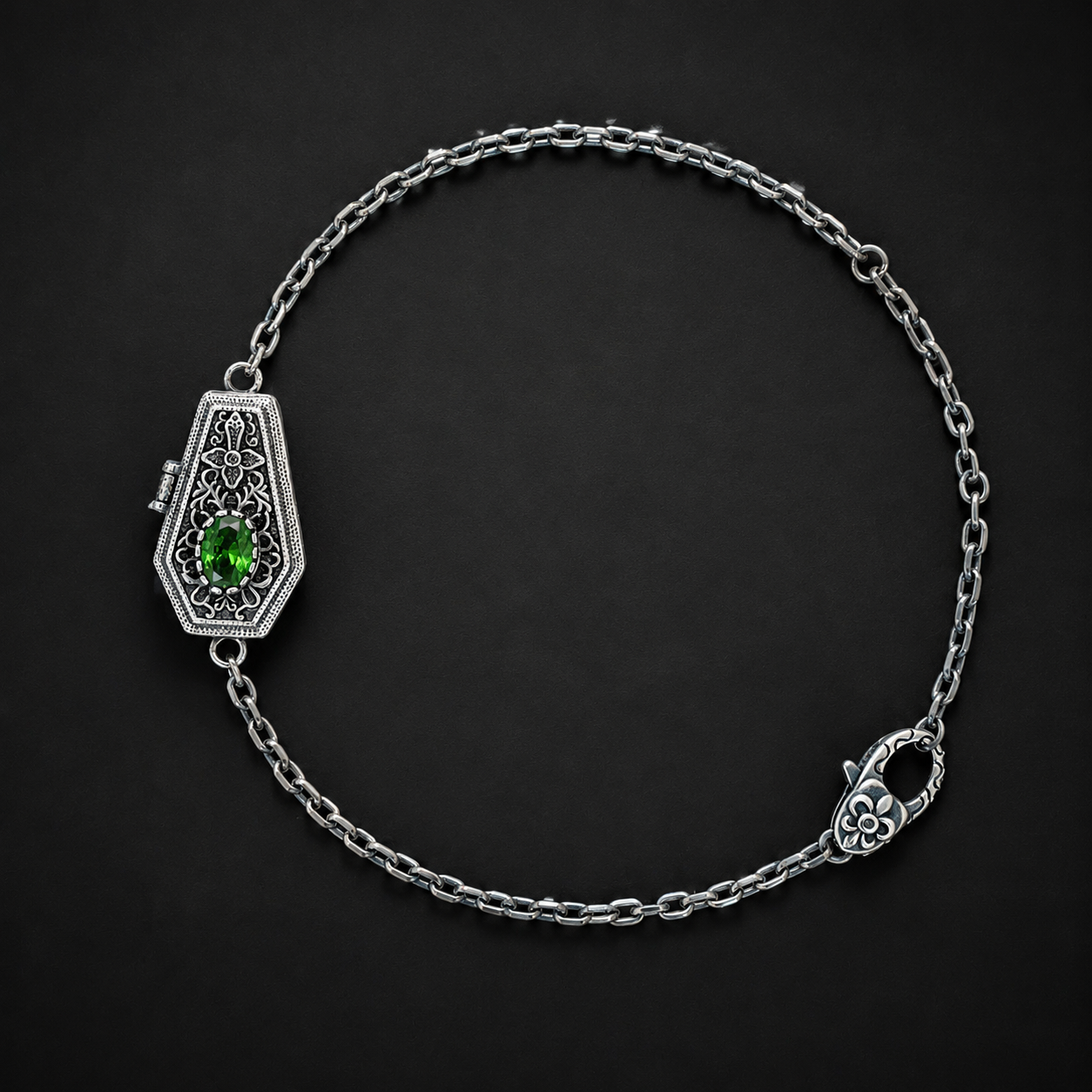 Sterling silver gothic single coffin bracelet in green
