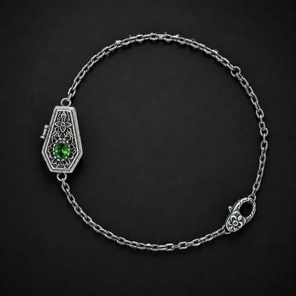 Sterling silver gothic single coffin bracelet in green