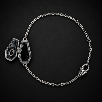 Open coffin compartment detail on sterling silver bracelet