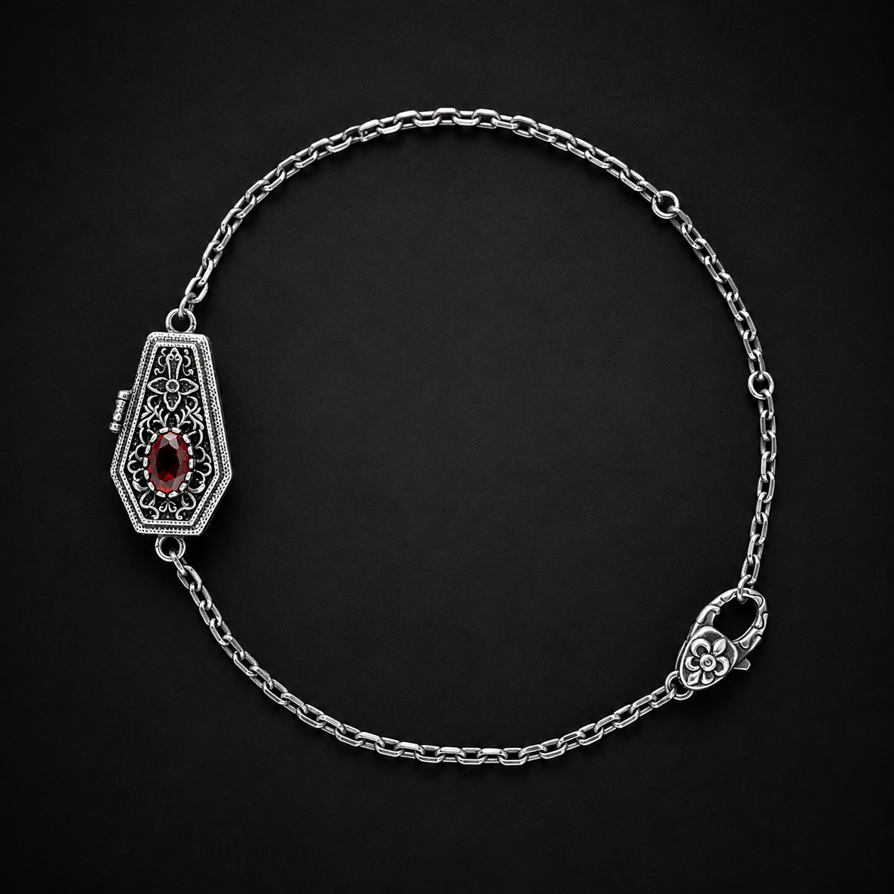 Sterling silver gothic single coffin bracelet in red