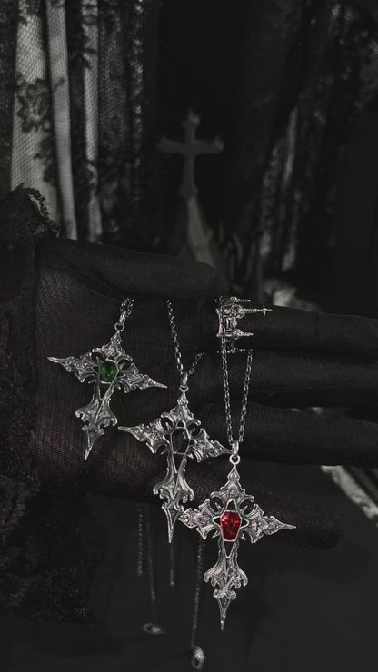 Sterling Silver Gothic Gemstone Cross Necklace